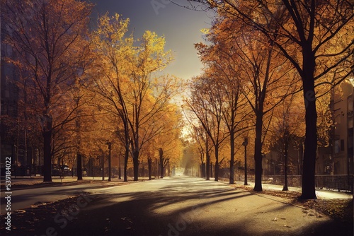 Trees In An Urban Forest At Autumn Season. Autumns Vibes, Colorfull. Autumn Park. Ai generated image