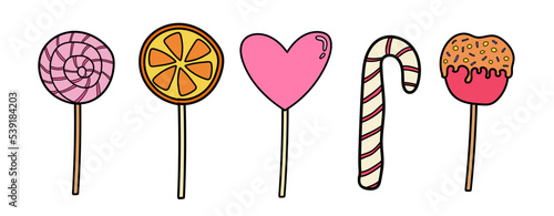 Different lolly pops doodle vector illustration isolated on white background. Caramel apple on stick, orange lollypop, Christmas sugar cane, pink spiral strawberry bon bon caramel. Halloween sweets.