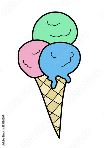 Ice cream gelato doodle vector icon isolated on white background. Cute hand drawn ice cream waffle cone with three ice cream balls. Sweet and tasty summer dessert cartoon style vector illustration.