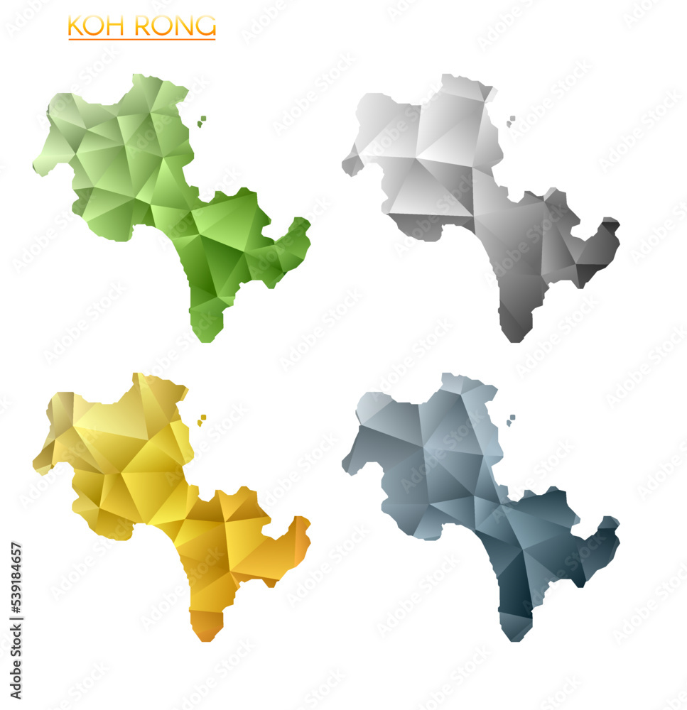 Set of vector polygonal maps of Koh Rong. Bright gradient map of island in low poly style. Multicolored Koh Rong map in geometric style for your infographics. Authentic vector illustration.