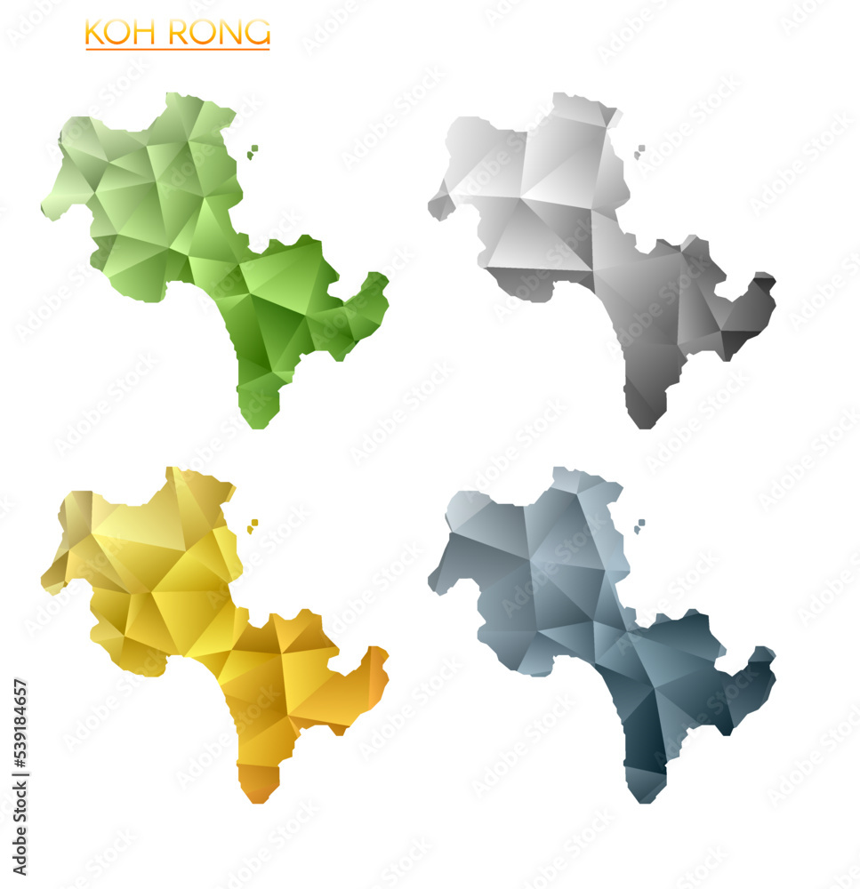 Set of vector polygonal maps of Koh Rong. Bright gradient map of the island in a low poly style. Multicolored Koh Rong map in geometric style for your infographics. Authentic vector illustration. Set of vector polygonal maps of Koh Rong. Bright gradient map of the island in a low poly style. Multicolored Koh Rong map in geometric style for your infographics. Authentic vector illustration.