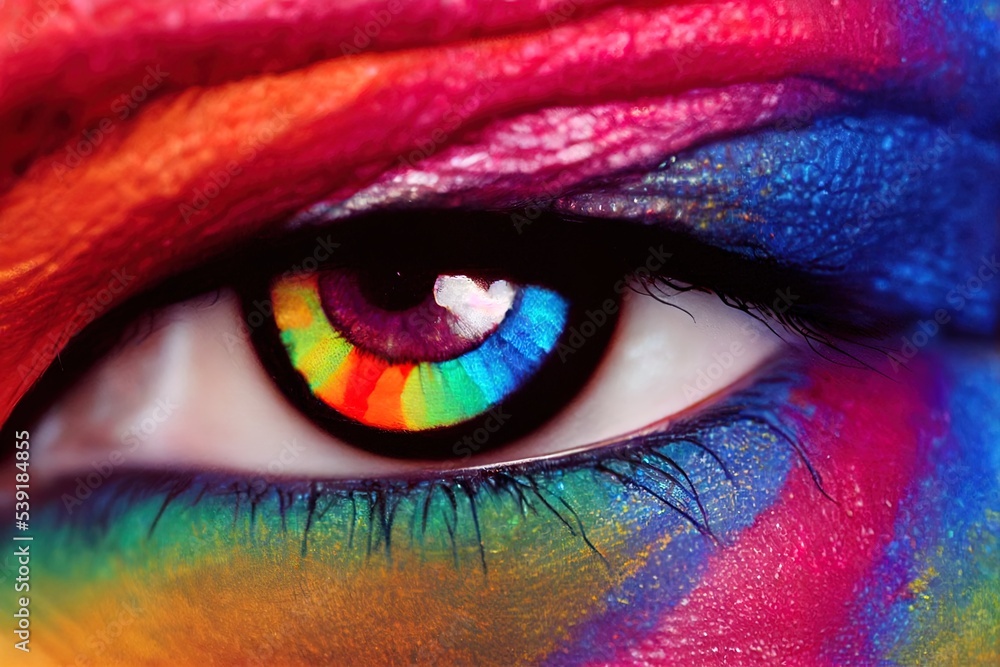 Close up of female eye with bright multicolored eye. Abstract picture of The Eye. Colorful colors. Holi Festival.