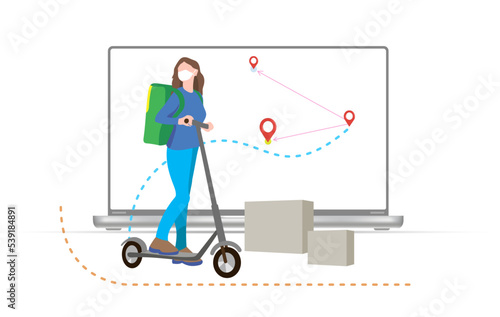 Fast delivery of the parcel. Order a parcel using an electronic application. Courier tracking using a mapping application. 3D, vector illustration.