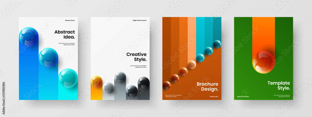 Trendy pamphlet design vector concept collection. Creative realistic balls company brochure template set.