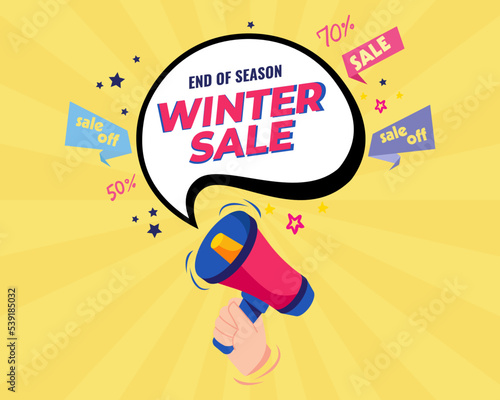 Winter Sale banner with megaphone. background. Winter sale discount text. merry Christmas and happy new year. Vector Illustration.