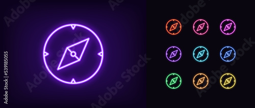 Outline neon compass icon. Glowing neon compass arrow, north direction, orientation pointer pictogram. Navigation and destination