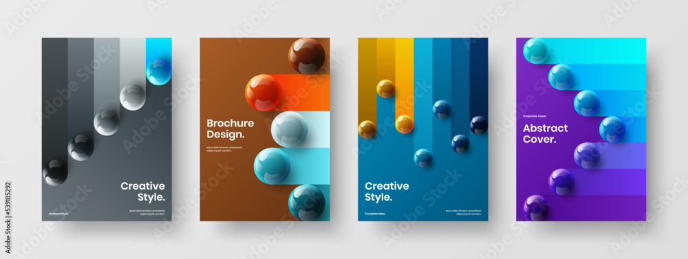 Unique 3D balls corporate cover illustration composition. Amazing annual report A4 design vector template set.