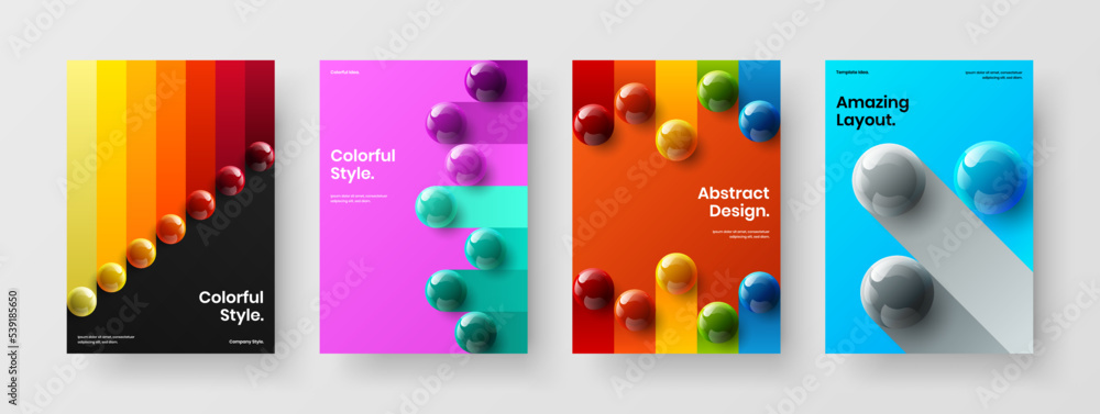 Minimalistic realistic spheres catalog cover layout collection. Fresh corporate brochure A4 design vector illustration bundle.