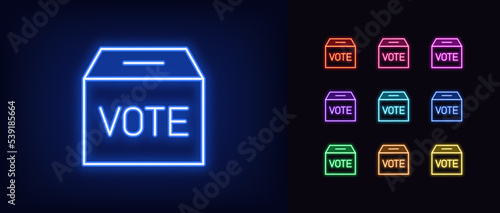 Outline neon vote box icon. Glowing neon voting box with text Vote, public polling and election day pictogram. Politic voting