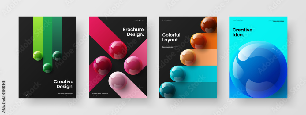 Fresh realistic balls flyer layout set. Geometric catalog cover A4 design vector illustration composition.