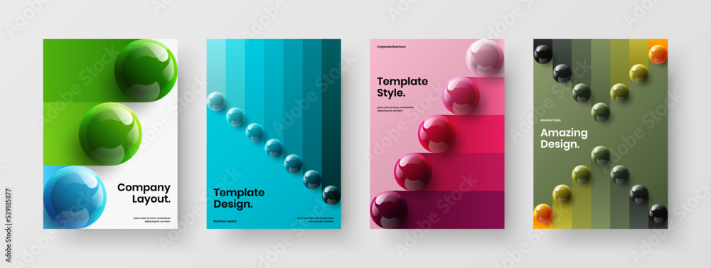 Abstract booklet vector design concept bundle. Amazing 3D spheres front page template set.