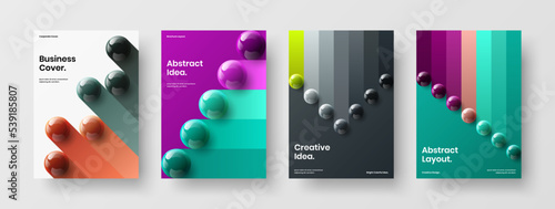 Trendy 3D balls journal cover template composition. Minimalistic corporate brochure A4 design vector concept bundle.