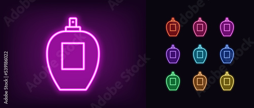 Outline neon parfum bottle icon. Glowing neon perfume bottle pictogram with spray. Perfume water and fragrances. Aroma cologne, scent and deodorant