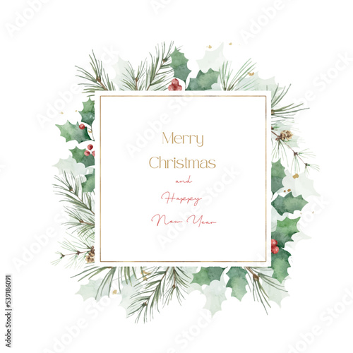 Watercolor vector gold frame with spruce branches and holly.