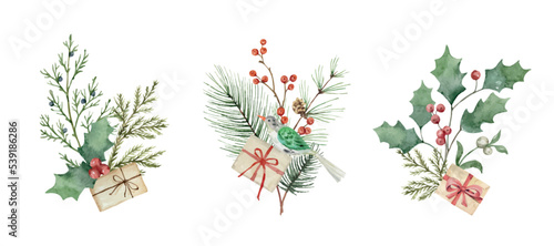 A set of vector watercolor bouquets with a fir branch, holly and gifts.