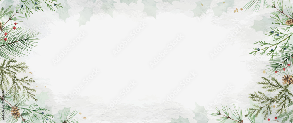 Watercolor vector winter background with fir branches and cones.