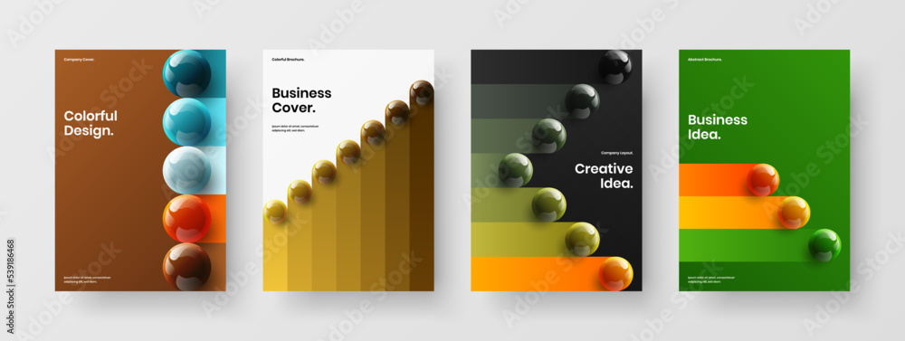Premium pamphlet vector design template set. Vivid 3D balls corporate identity illustration composition.