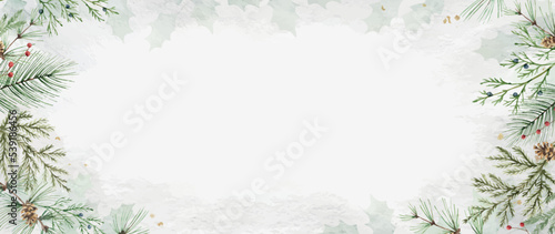 Watercolor vector winter background with fir branches and cones.