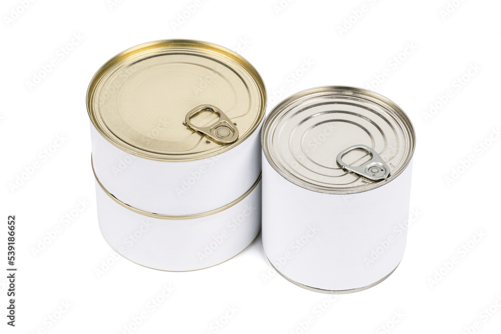 Cans of conserved food. Canned Meat. Metal cans. Close-up various metal and white tin can on white background separated shot. Cans of conserved food. Canned Meat. Metal cans. Close-up various metal and white tin can on white background separated shot.
