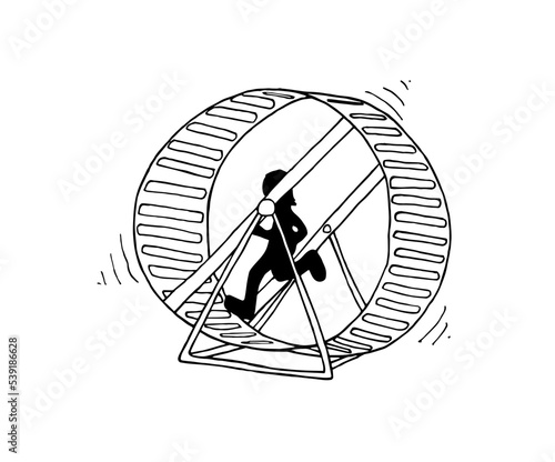 Black silhouette of a man running inside a spinning mouse wheel toy. Conceptual sketch hand drawn style vector illustration isolated on white background.
