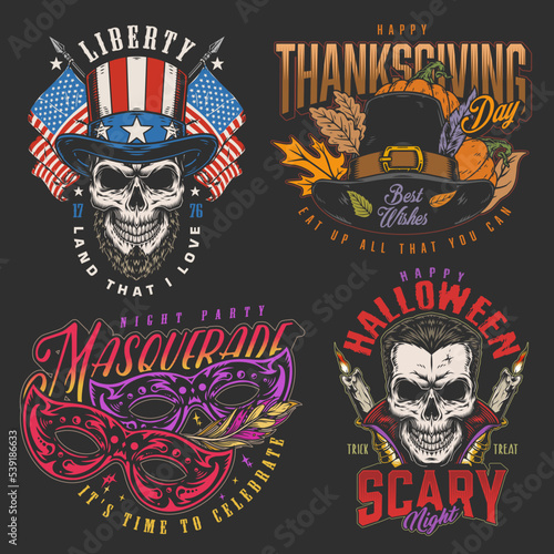 Celebratory set colorful posters vintage