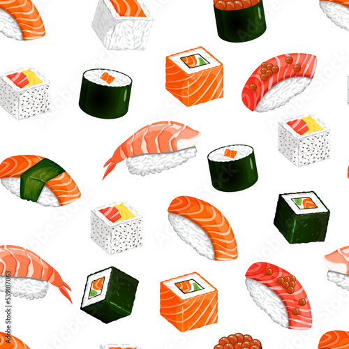 Seamless pattern with sushi and rolls. Nigiri  gunkan maki  uramaki  futomaki  hosomaki. Vector illustration of traditional Japanese cuisine isolated on white background.