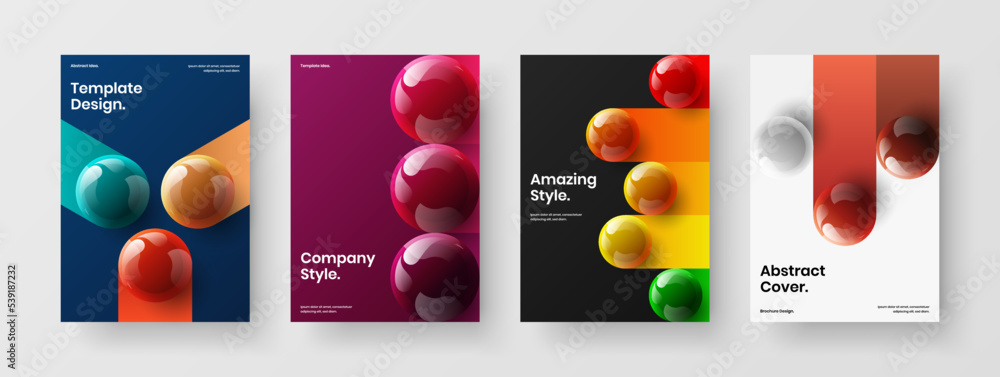Original brochure A4 design vector template collection. Vivid 3D spheres pamphlet concept bundle.