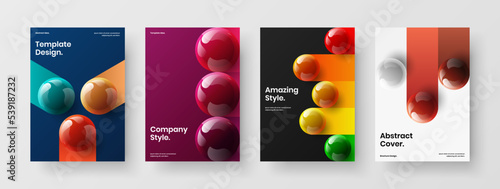 Original brochure A4 design vector template collection. Vivid 3D spheres pamphlet concept bundle.