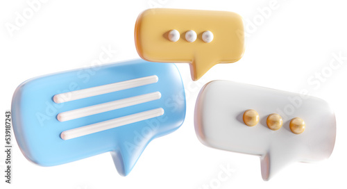 Minimalist blue, white and yellow speech bubbles talk icons floating over isolated background. Modern conversation or social media messages with transparency. 3D rendering