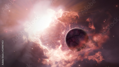 Space art : Telluric exoplanet with a dense atmosphere surrounded by eruption of electromagnetic radiation of its sun (Illustration 3D) photo