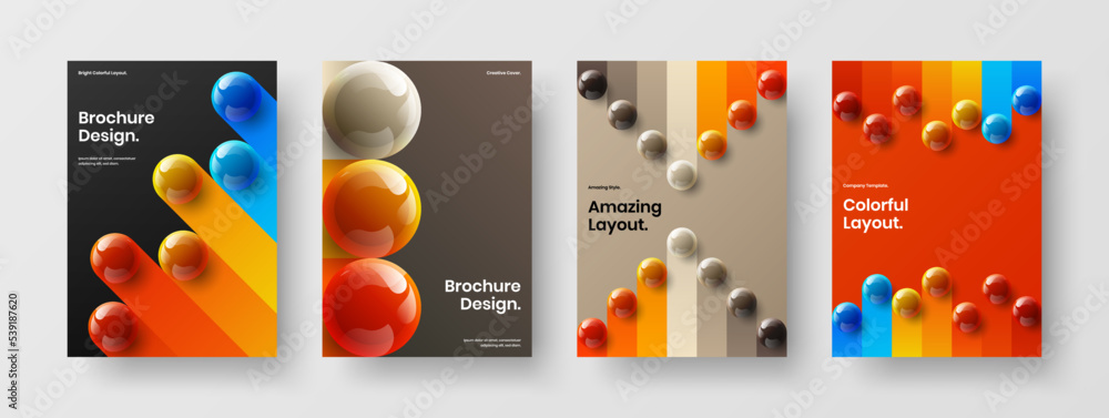 Multicolored placard A4 design vector template set. Abstract realistic spheres pamphlet layout composition.