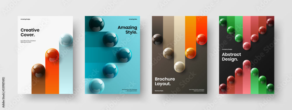 Colorful realistic balls magazine cover concept bundle. Fresh banner vector design layout collection.