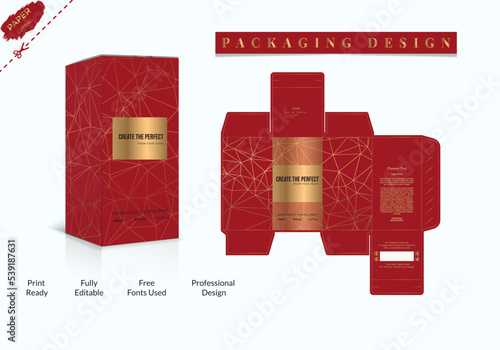Box, Packaging Die Cut Template For Product vector design with 3D Preview and Perfume Packaging design, luxury box design, Box die line, and Design elements. Illustration Vector design Template.