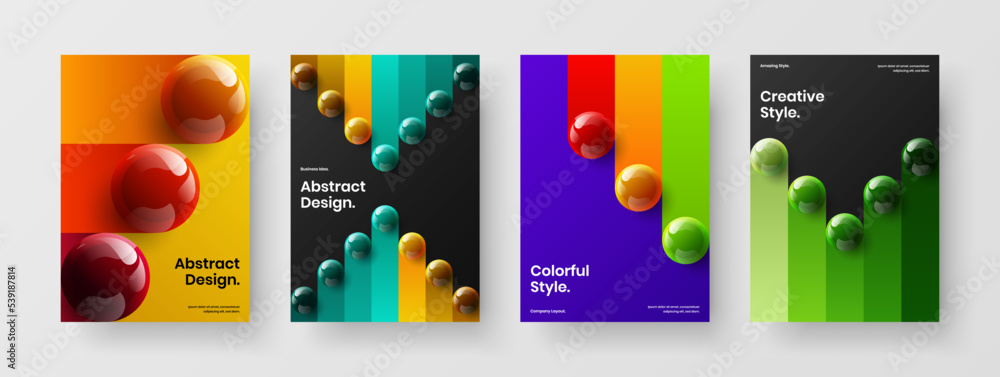 Multicolored realistic spheres company identity concept composition. Isolated front page A4 vector design illustration set.