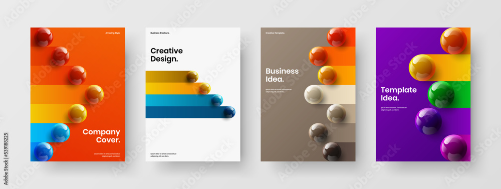 Fresh journal cover A4 design vector illustration bundle. Bright 3D balls front page template collection.