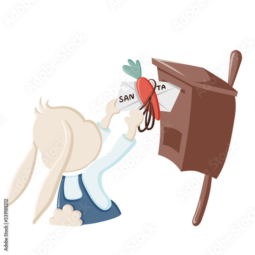 8 / 25 Cute bunny puts envelope with carrot and letter to Santa Claus to post box. Christmas, New Year and Easter coloured vector for product design. Collection of rabbits in cartoon style
