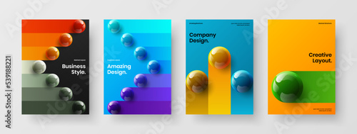 Multicolored 3D balls front page layout set. Bright catalog cover A4 design vector concept bundle.