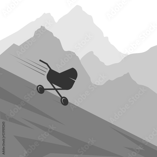 Decreased child birth rate. The baby carriage falls. demographic issues. Monochrome vector illustration.
