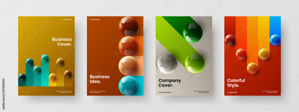 Simple 3D balls cover template composition. Bright presentation design vector illustration bundle.