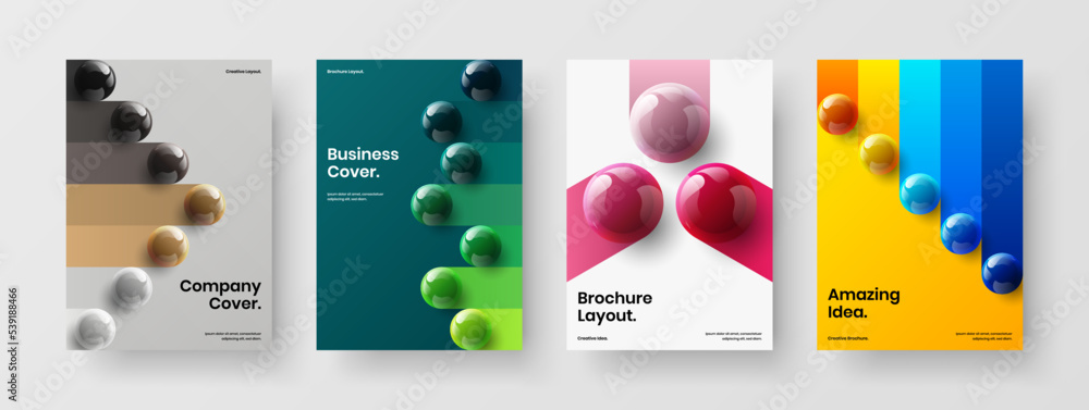 Clean catalog cover A4 vector design concept bundle. Creative realistic balls booklet illustration set.