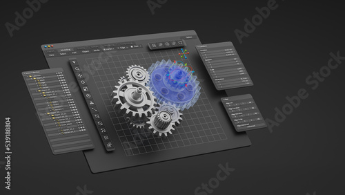 Engineering designer design 3D CAD software program Industrial engine model mechanical dimensional digital manufacturing factory engineer computer screen. 3d rendering.