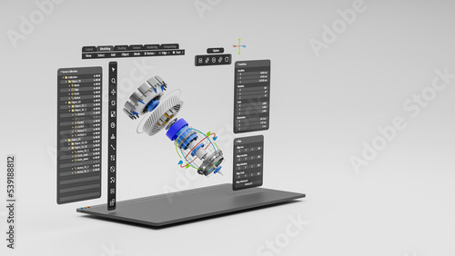 Engineering designer design 3D CAD software program Industrial engine model mechanical dimensional digital manufacturing factory engineer computer screen. 3d rendering.