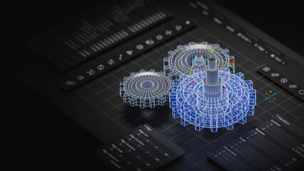 Engineering designer design 3D CAD software program Industrial engine model mechanical dimensional digital manufacturing factory engineer computer screen. 3d rendering.