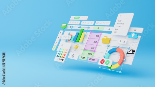 Spreadsheets graphs charts table data business financial report analysis screen software accounting management marketing document growth diagram planning calculate budget statistics. 3d rendering.