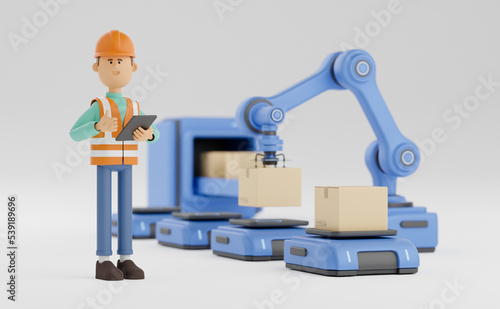 Smart industry production factory warehouse logistic and transport Future Technology. Engineer operating vehicle autonomous guided  robot AGV system robotic arm carry cardboard box. 3d rendering.