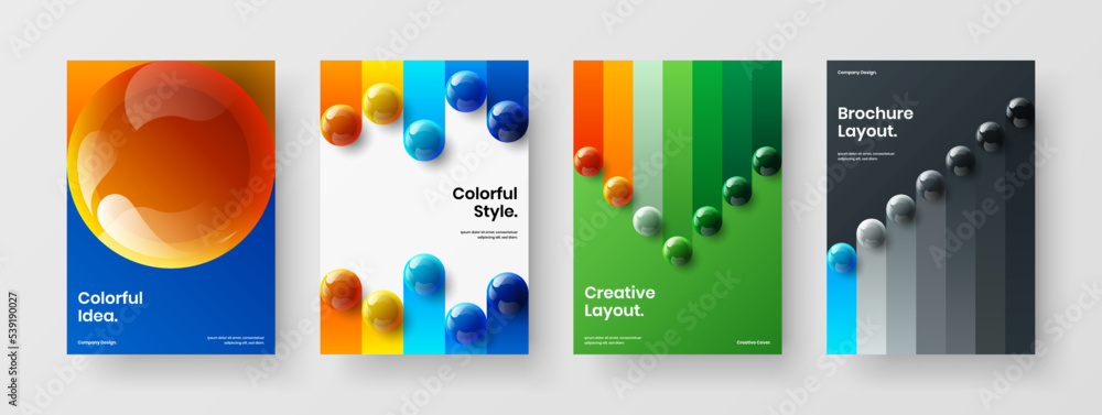 Original realistic spheres company brochure layout collection. Abstract handbill vector design concept set.