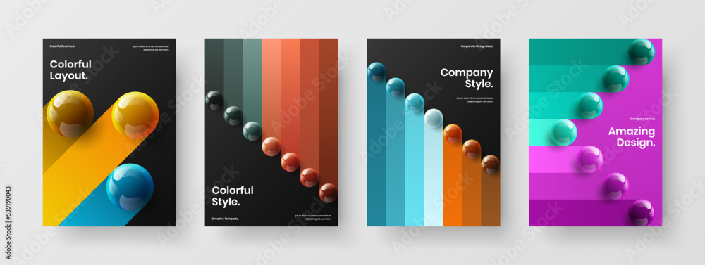 Trendy brochure A4 vector design layout composition. Original realistic balls company identity template set.