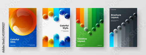Original realistic spheres company brochure layout collection. Abstract handbill vector design concept set.