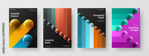 Trendy brochure A4 vector design layout composition. Original realistic balls company identity template set.