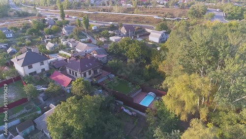 Beautiful cottage from the air. Summer cottages near the lake. Flying over the cottages next to the lake photo